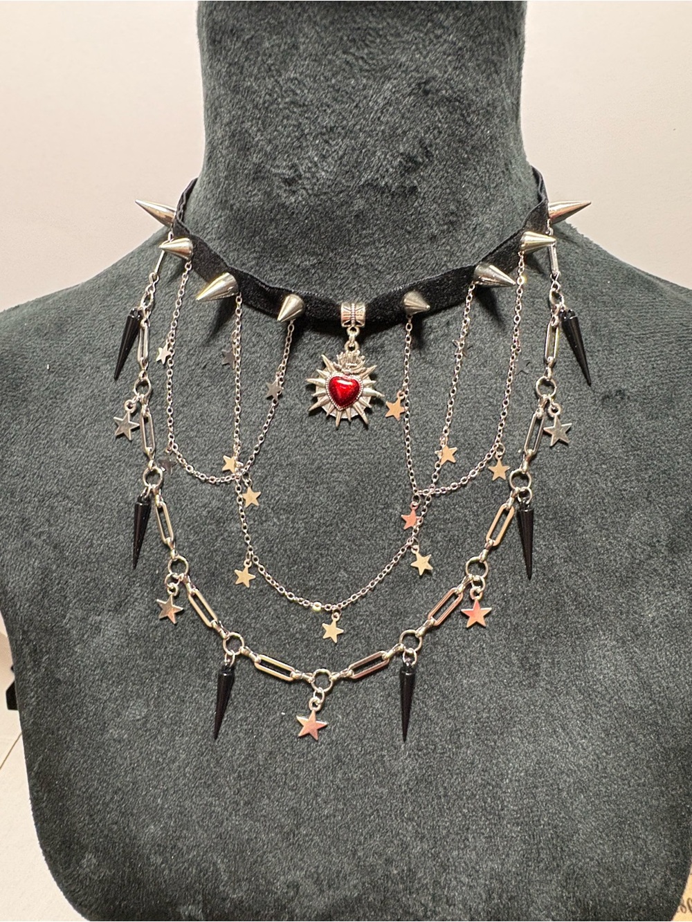 Gothic punk Multi-Layer Spike & Star Choker Necklace with Red Heart Pendant